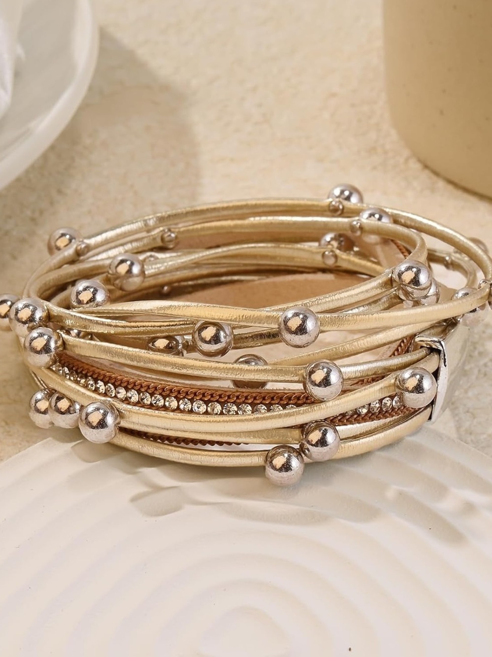 Metallic Rose Gold Multi-Strand Beaded Wrap Bracelet